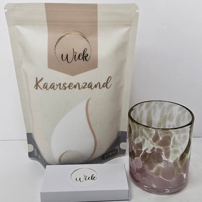 Wit kaarsenzand + 10 wieken + kaarsenglas