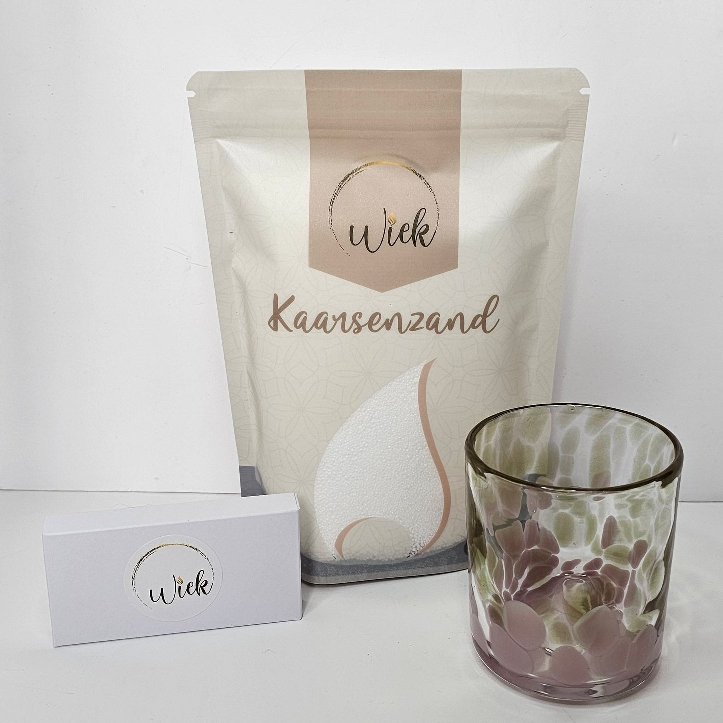 Wit kaarsenzand + 10 wieken + kaarsenglas